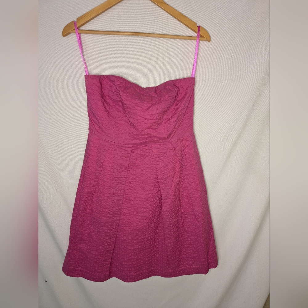 J.Crew NEW Lorelei Seersucker Pink Deco Dot Strapless Dress Size 8